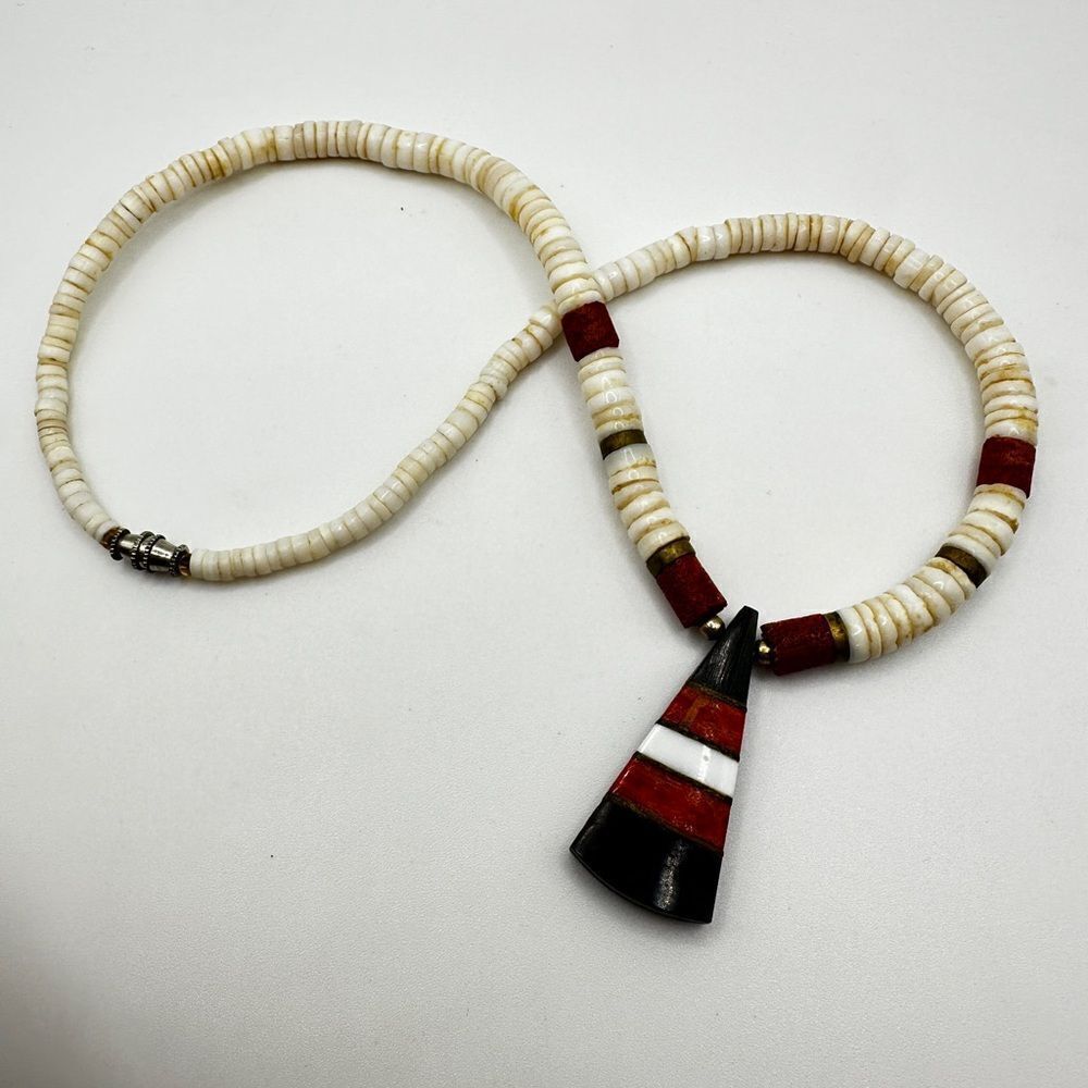 Vintage Heishi Puka Necklace with red coral and shell, 16" necklace! - Picture 6 of 12
